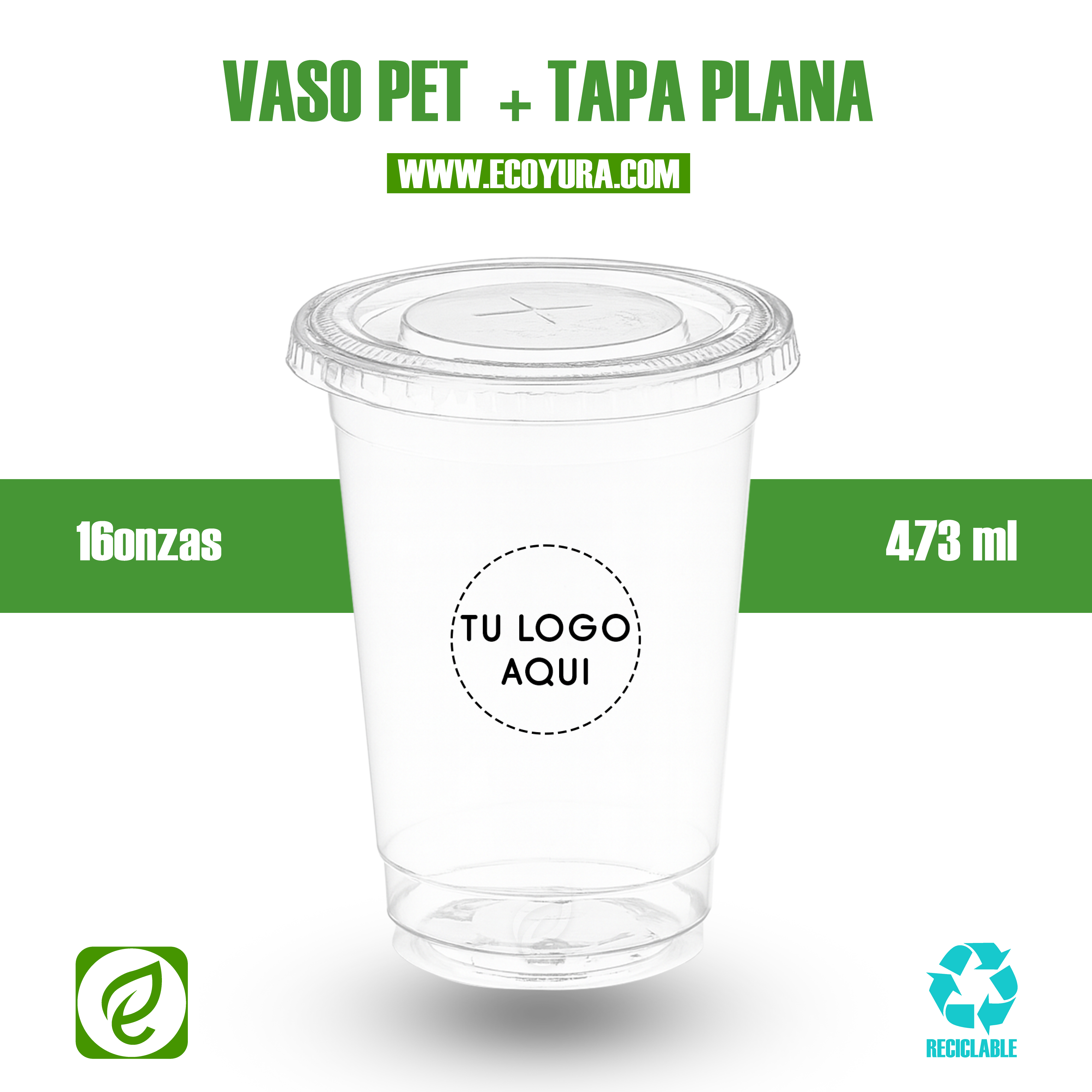 VASO PET DE 16oz CON TAPA PLANA