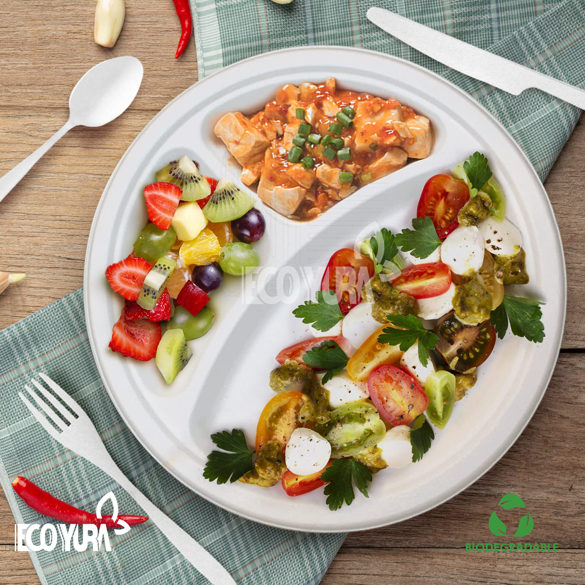 Plato biodegradable 26 cm de bagazo de caña para catering y platos fuertes – empaques ecológicos ECO YURA Perú
