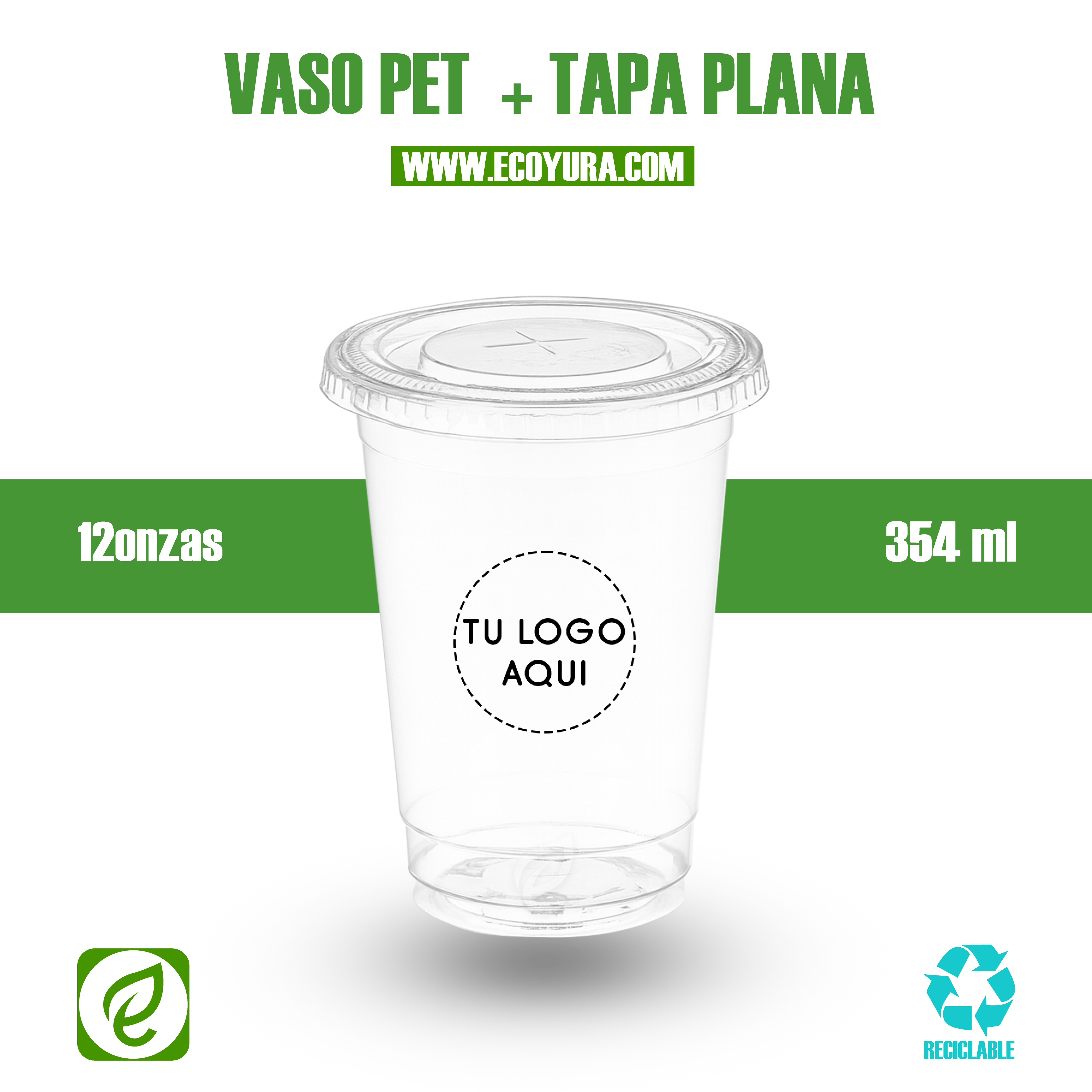 VASO PET DE 12oz CON TAPA PLANA